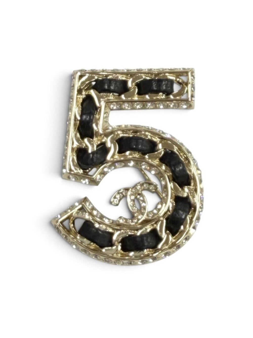 Chanel No 5 CC Logo Rhinestone Chain Motif Crystal Brooch Black Gold